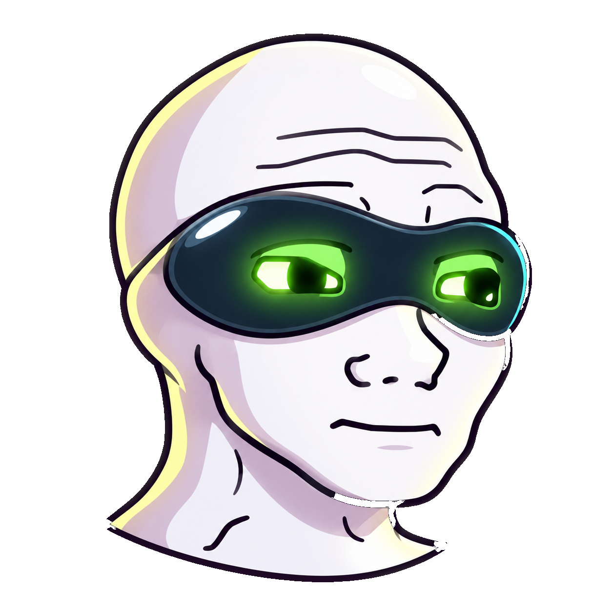 WojakAI wearing glowing green AI goggles